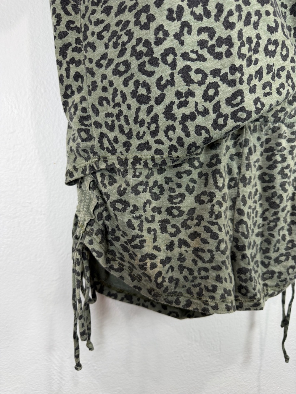 Leopard Lounge Set Maronie Olive Green Oversized Top Drawstring Shorts S Boho - Picture 3 of 14